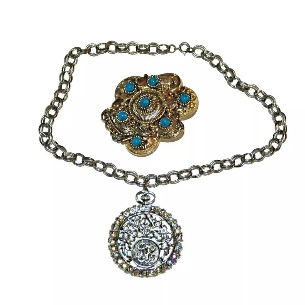 Vintage Gold Tone Turquoise Cluster Brooch Pendant Necklace – Statement Jewelry